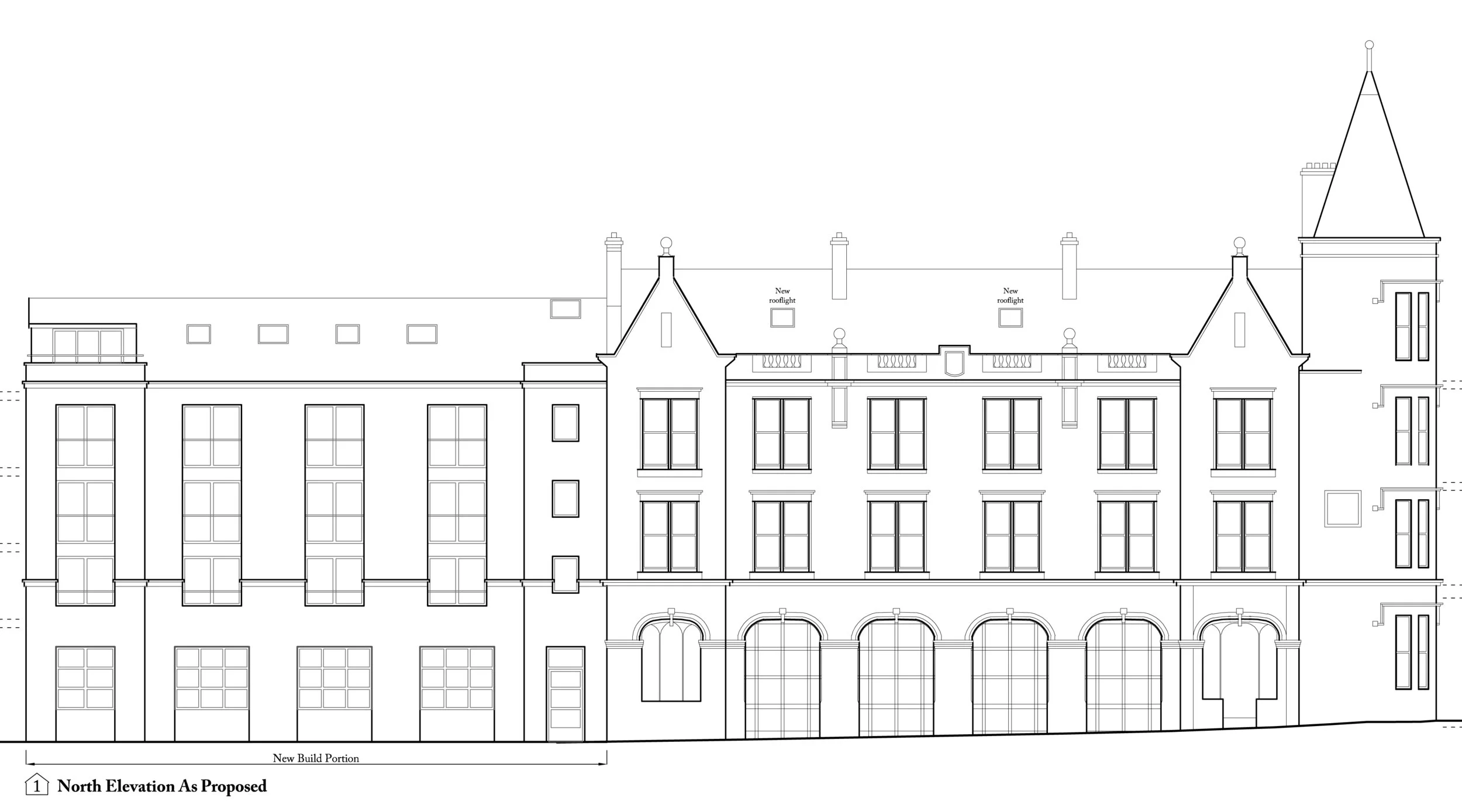 Proposed elevation to Gordon Street, with the new extension on the left.