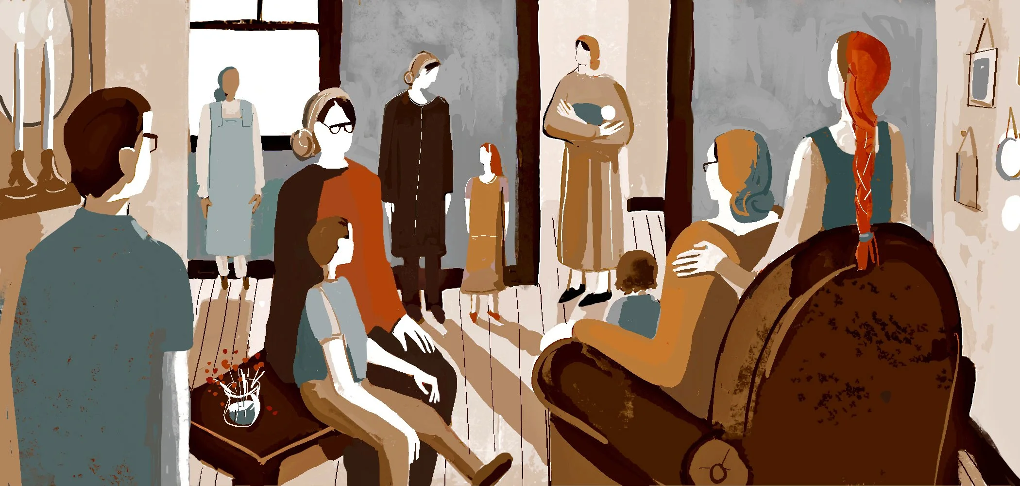 Children and women gather in a crowded apartment. The women have their hair and head covered in various styles. The illustration is mostly in red, orange, brown and blue tones.
