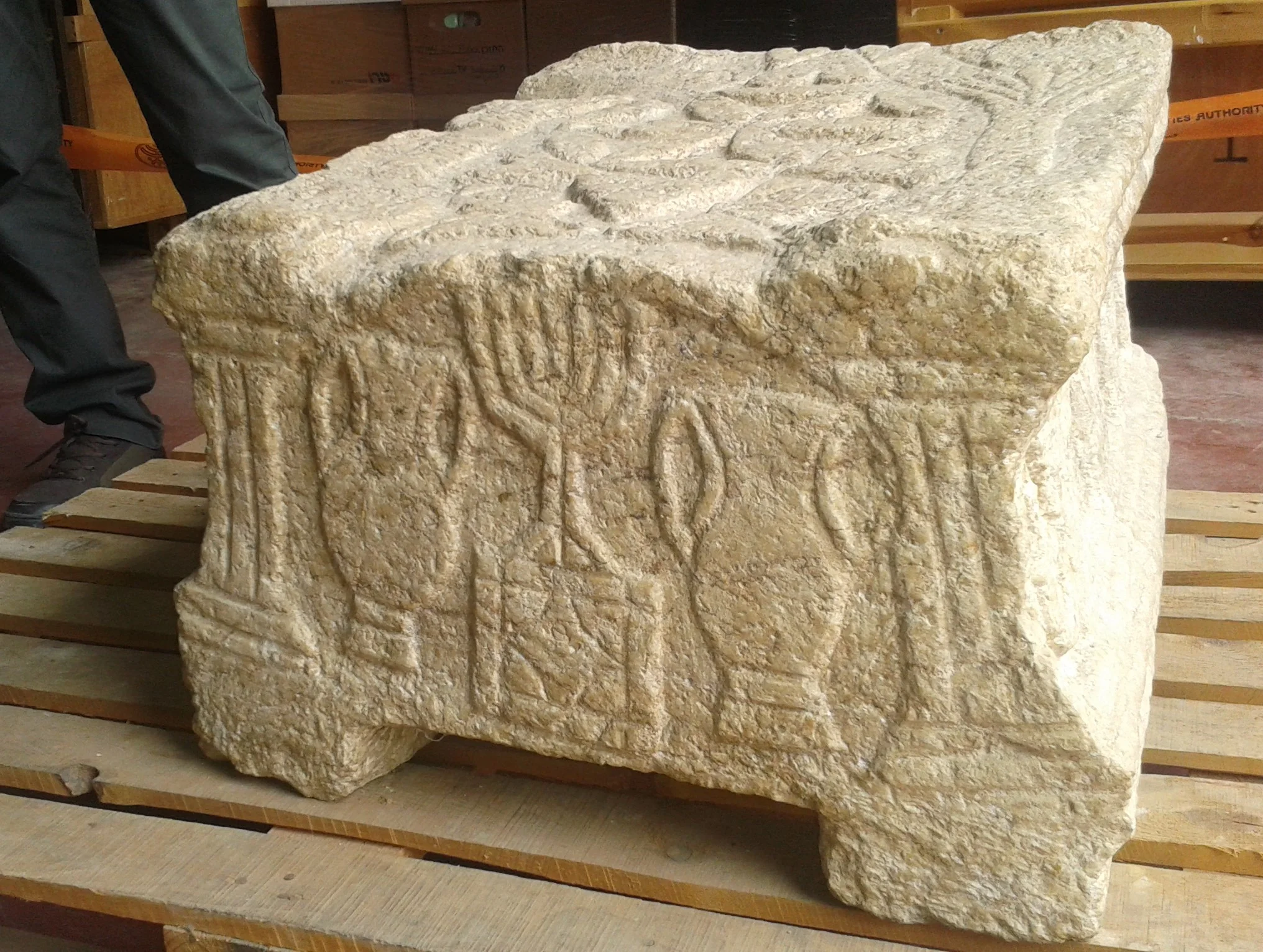 The Magdala Stone at the Israel Antiquities Authority warehouse in Beit Shemesh. Photo by Gil Zohar.