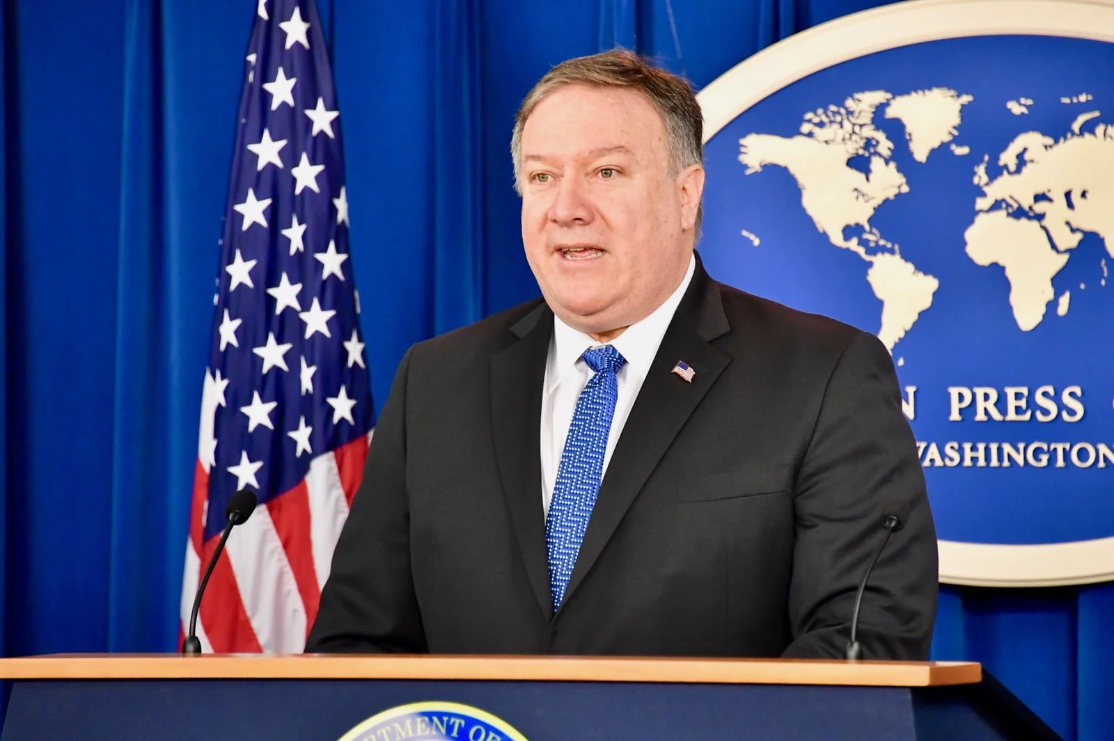 Secretary of State Mike Pompeo provides an update on Iran Policy and Sanctions at the Foreign Press Center in Washington, D.C., on November 5, 2018. Photo by U.S. State Department.
