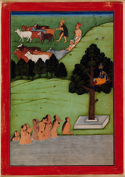 Krishna, in the tree, gazes upon the gopis (female cow herders) bathing naked in worship of him after he stole their clothes.