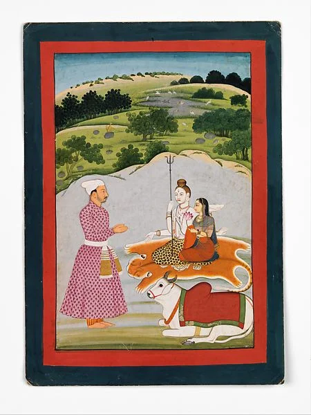 Lord Shiva sits with his wife Parvarti, as seen in a vision by the nobleman (left). Shiva and Parvarti sit on a tiger skin, with their bull waiting beside them.