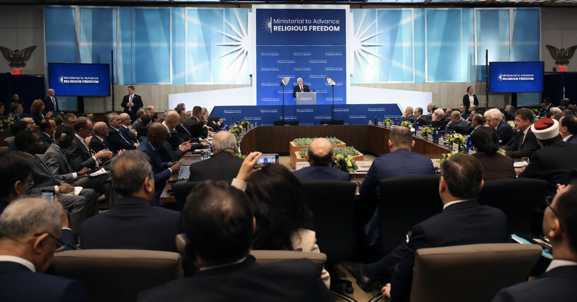 Vice President Mike Pence addresses delegates at the Ministerial to Advance Religious Freedom at the U.S. Department of State in Washington, D.C., on July 18, 2019. Photo by Ralph Alswang/State Department/Public Domain.