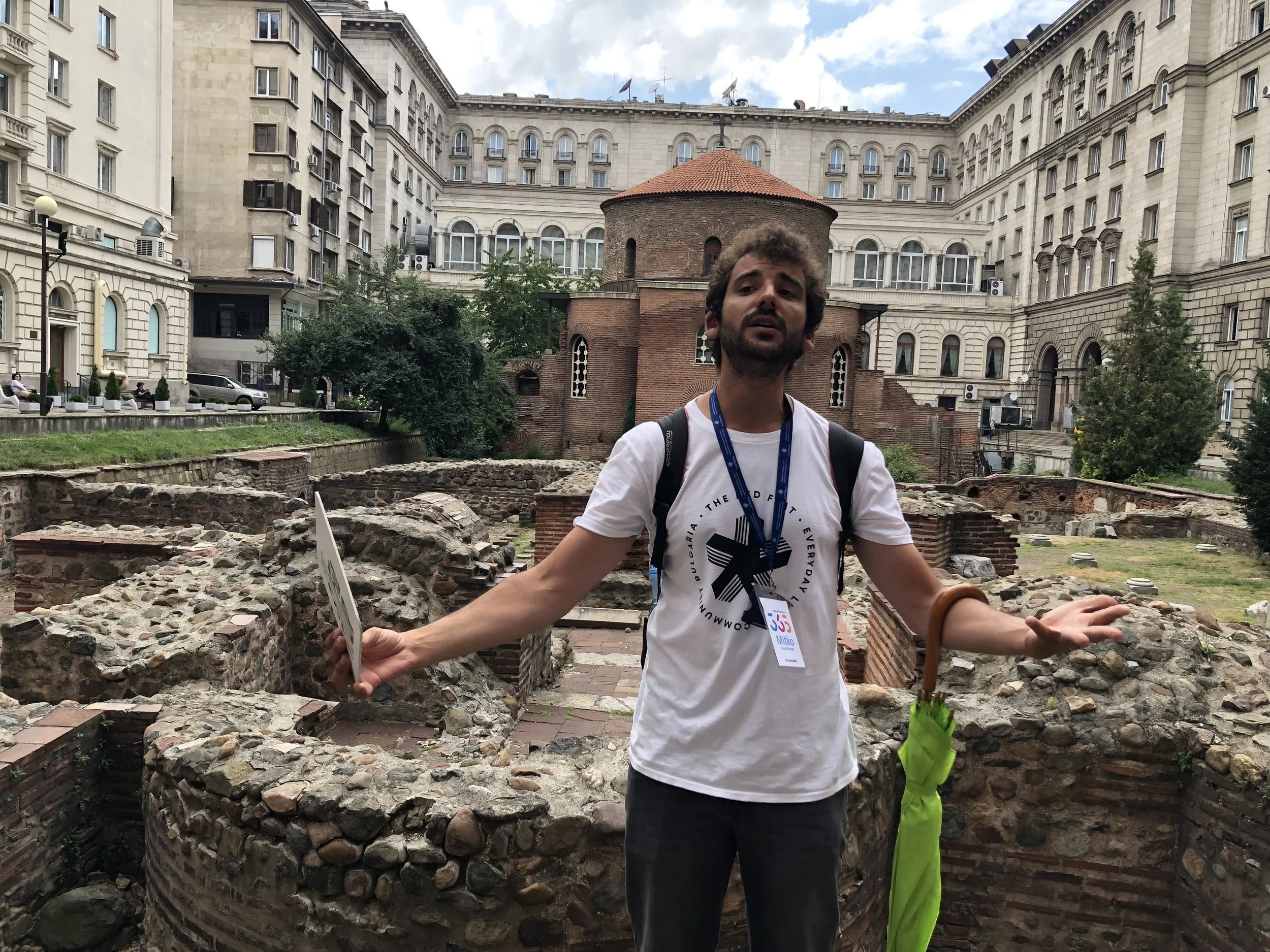 Mitko Dimitrov giving a walking tour in the center of Sofia, Bulgaria, explaining the history of the Church of Saint George, which dates back to the 4th Century and is one of the oldest buildings in Sofia.