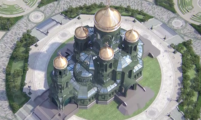The church is a military green with towers that resemble missiles. Creative Commons photo.
