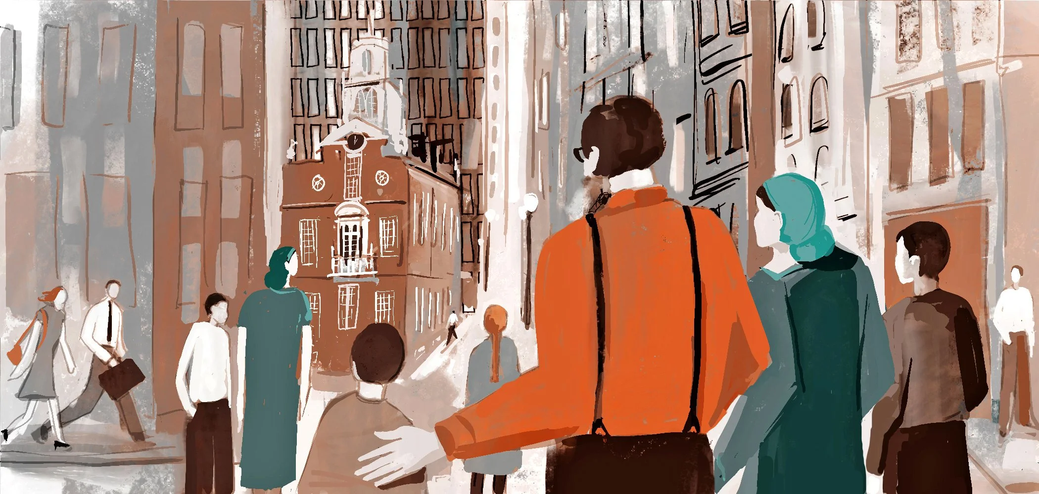 In boston's downtown, business people dressed in business clothes look on at a large family wearing traditional clothes: suspenders, button-up shirts and the women have their hair covered. It is an illustration with mostly brown, orange and teal tone