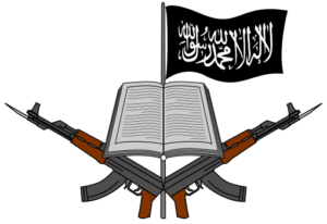 The logo of Boko Haram includes a Quran supported by weapons.