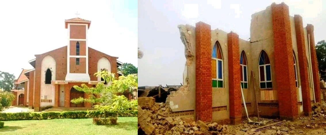 St. Peter’s Church of Uganda before (left) and after (right) a demolition Aug. 10. Photos courtesy of St. Peter’s Church.