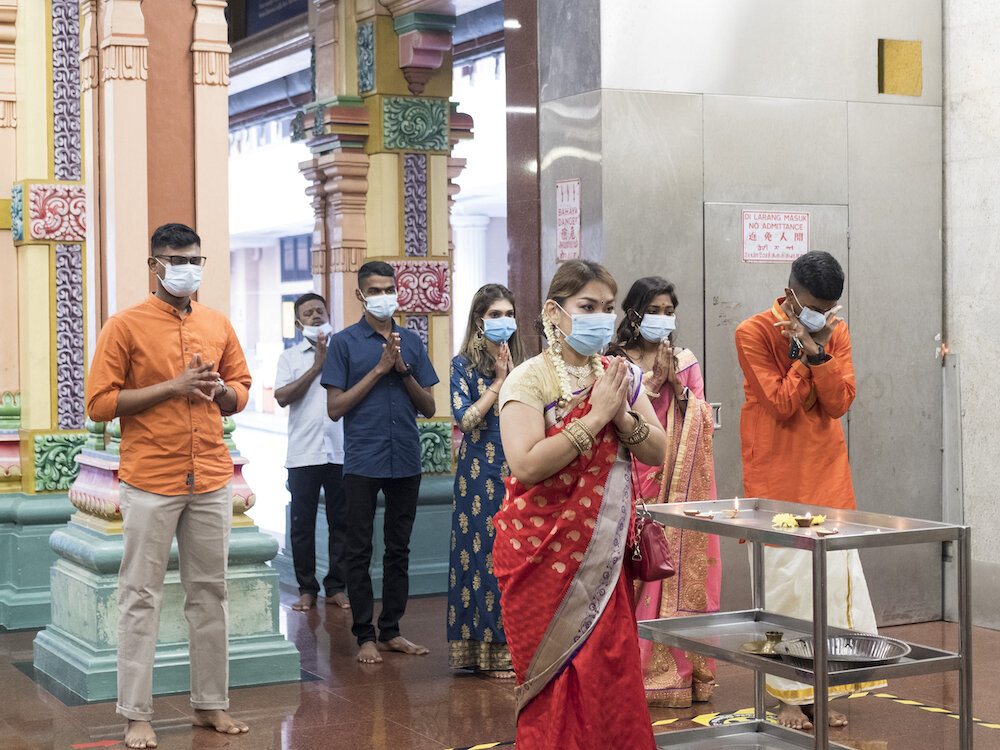  Hindus observed social distancing while praying on the Diwali morning at the Sri Maha Mariammam Temple, the oldest Hindu temple in Kuala Lumpur. Photo by Alexandra Radu. 