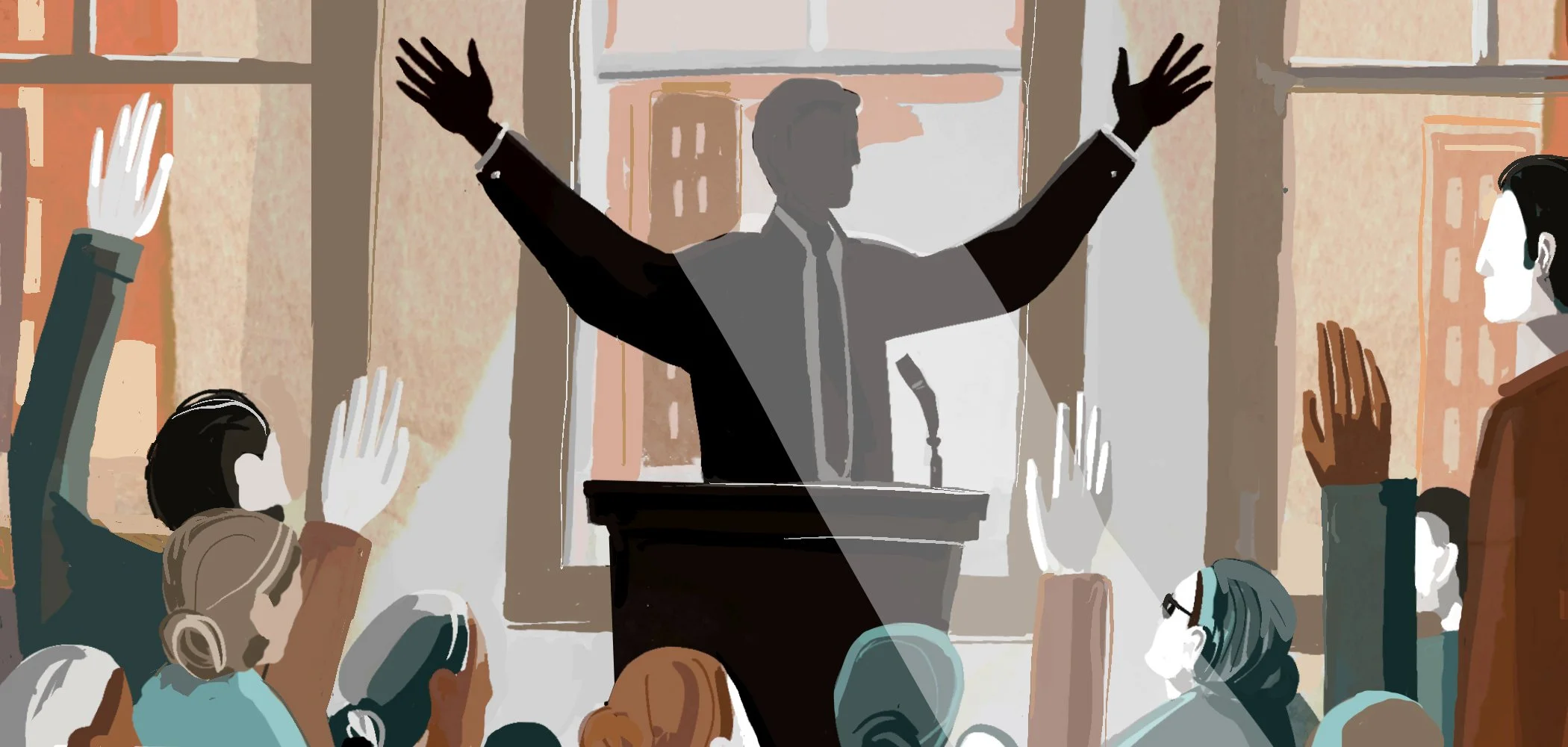 A sun beam highlights a figure at the pulpit who is wearing a suit in the center of the frame and has his arms raised. A crowd looks on. Some raise their hands. The illustration is mostly in teal and brown tones.