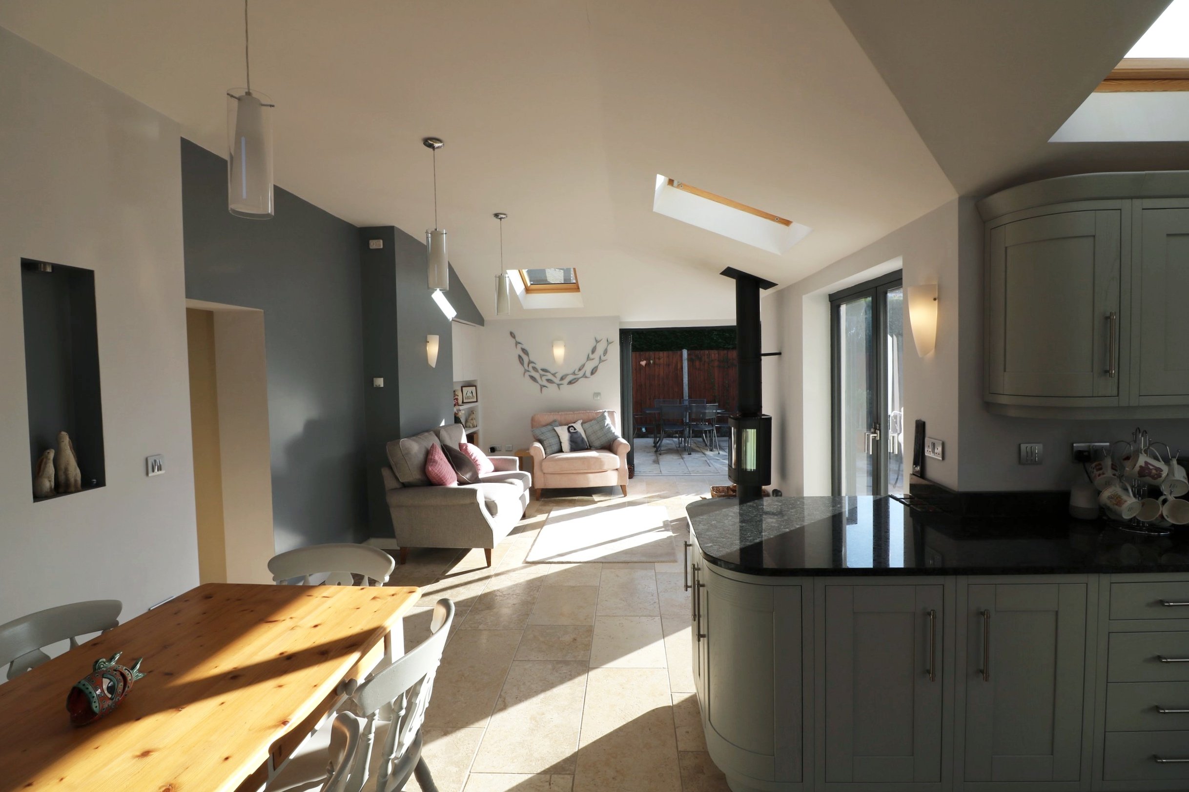 bespoke contemporary open plan garden room extension to property in Pedmore, Stourbridge. The extensions include corner to corner bi-fold doors, vaulted ceilings and a simple material palette o (Copy)