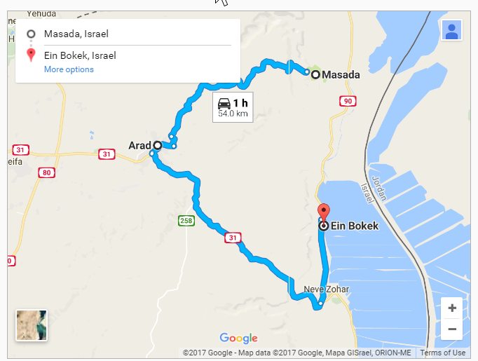 Route from Arad to Masada and the Dead Sea powered by Google