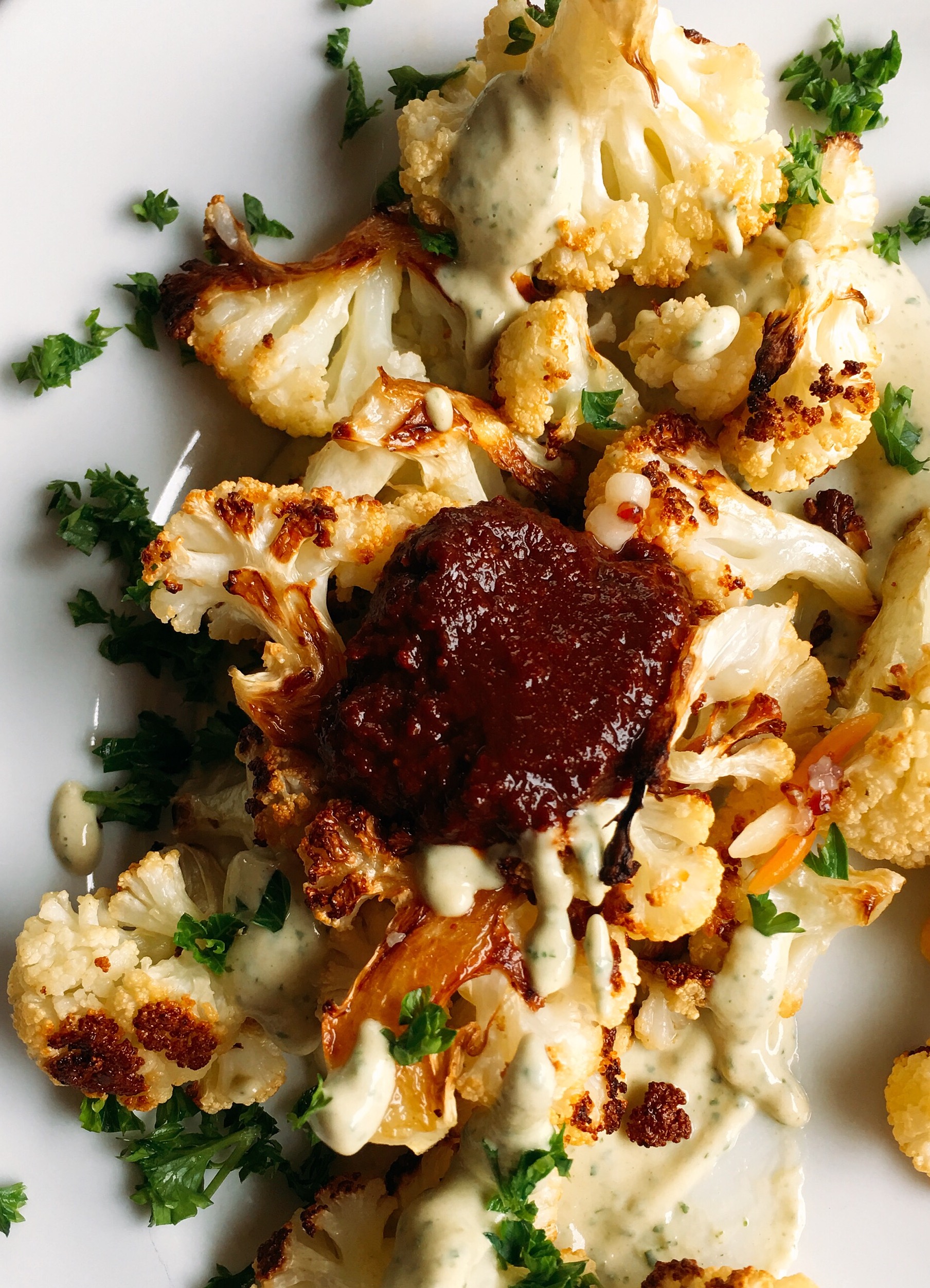 Roasted Cauliflower with Green Tahini and Harissa