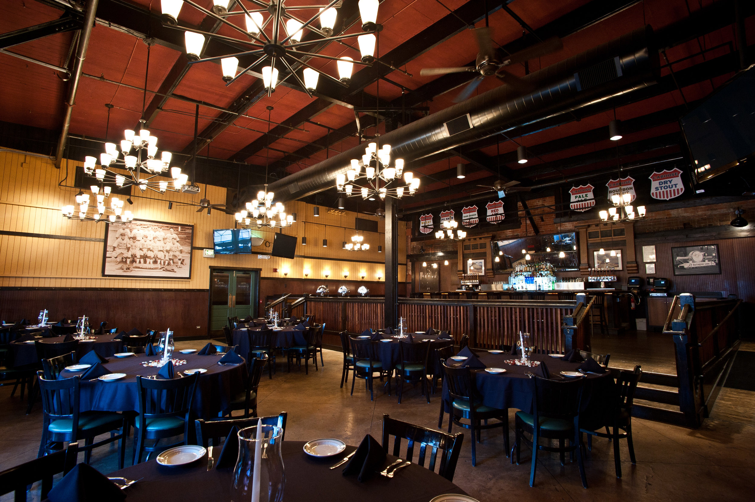 dining space with chandeliers