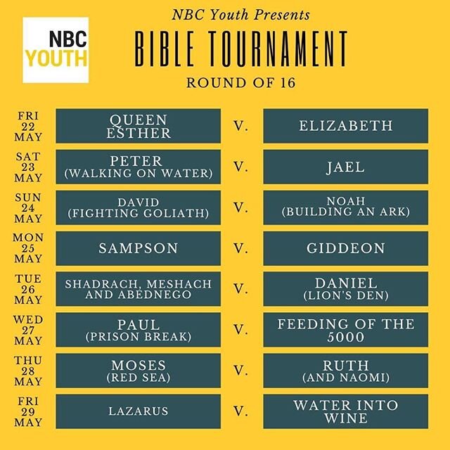 📣 - NBC YOUTH PRESENTS: 
THE BIBLE TOURNAMENT🏆 
We want to find out what your favourite stories in the Bible are!  MYSTERY PRIZE - to enter you need to comment on this post or DM us with who you think will be the overall winner. The winner will rec