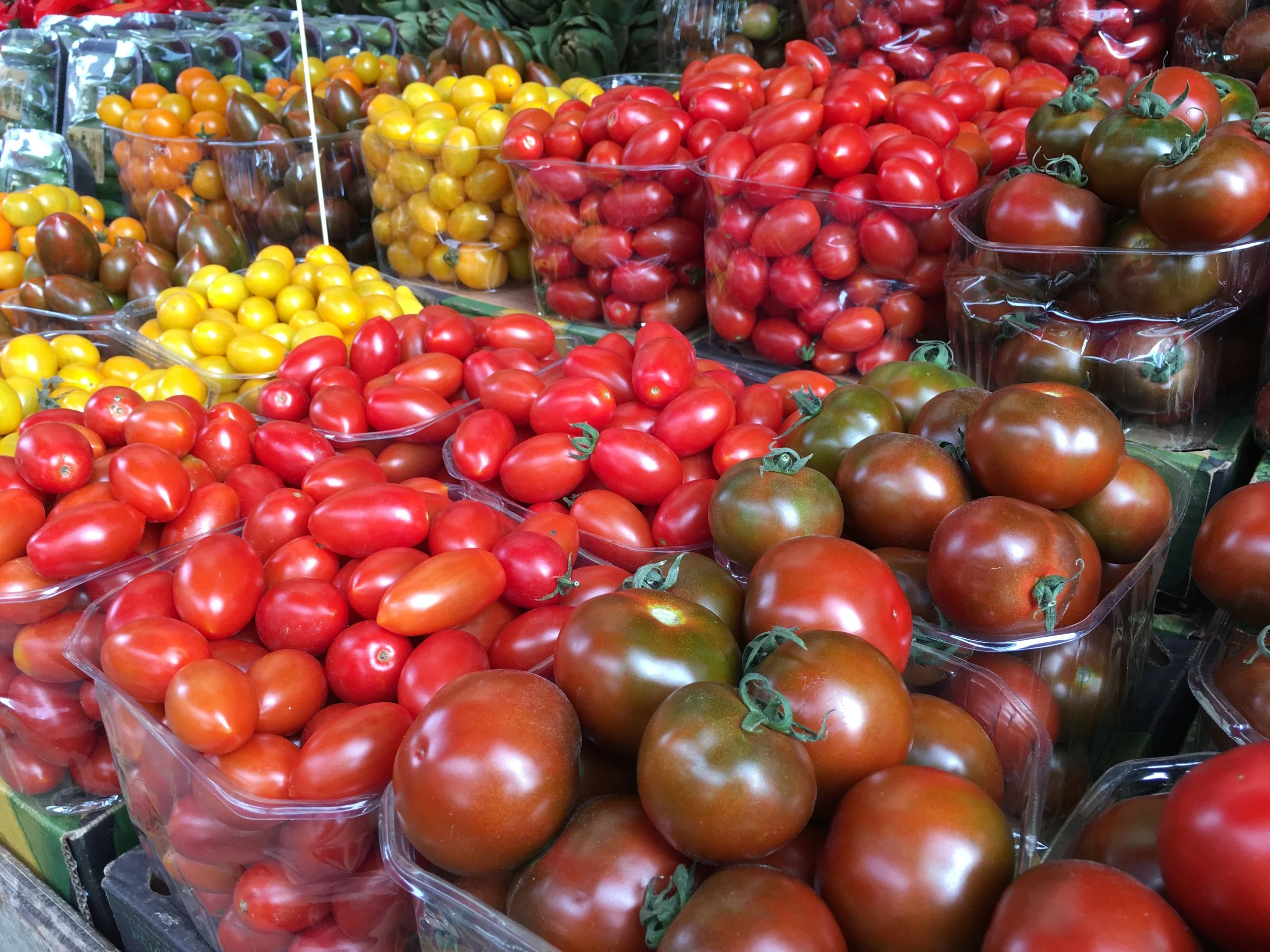 Glistening tomatoes at the market