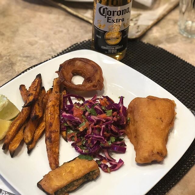 Food in the Year of Corona- Day 3! Corona-Tempura-Mahi Mahi. Went a little overboard with the leftover batter 😊 Onion rings + Battered zucchini. Had some oven fried sweet potato fries and Purple cabbage-carrot slaw. Yummy, yet a little monochromatic