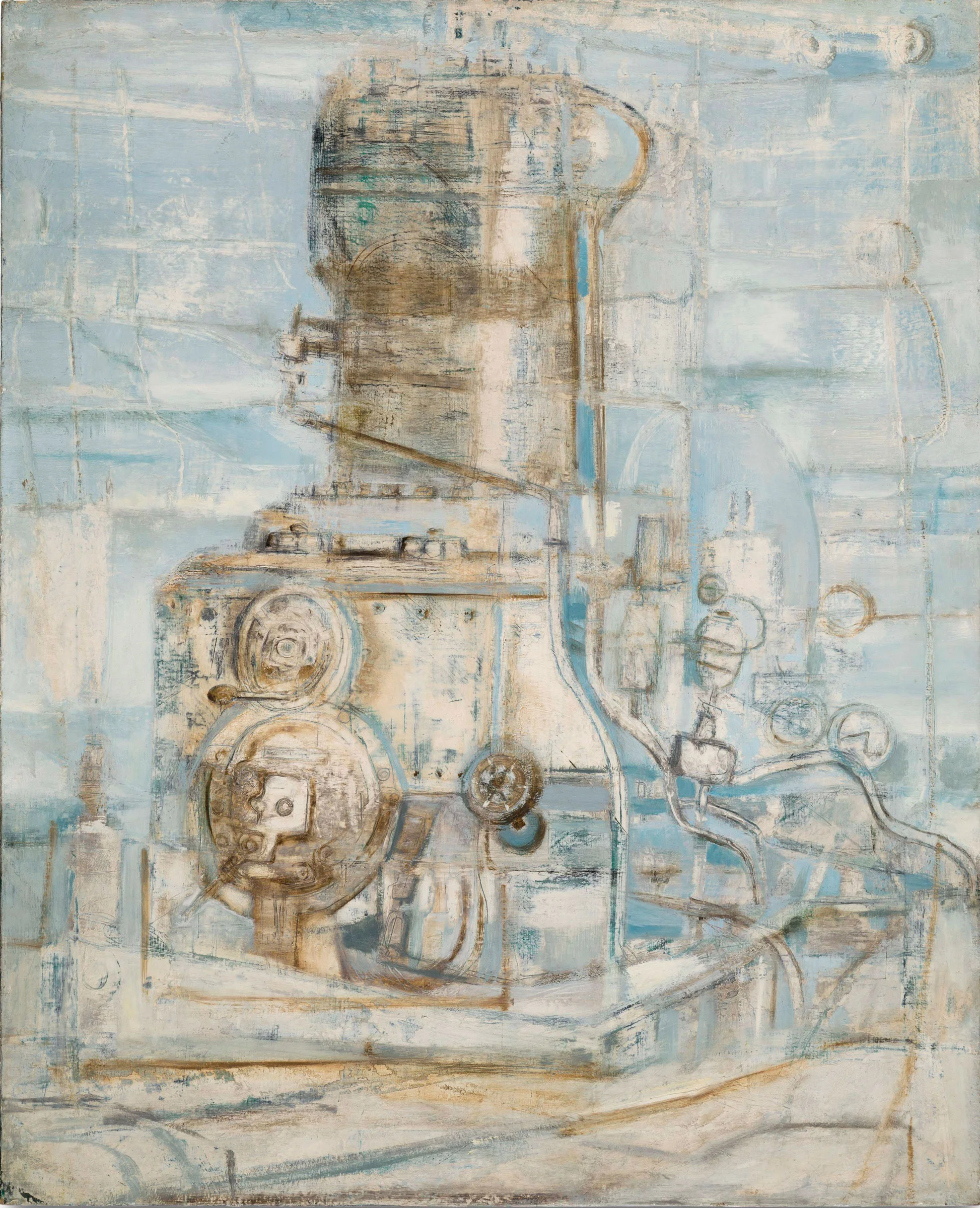 Hedda Sterne,  Machine Motor Light Blue , 1951, Oil on linen, 39 x 31 3/4 in.