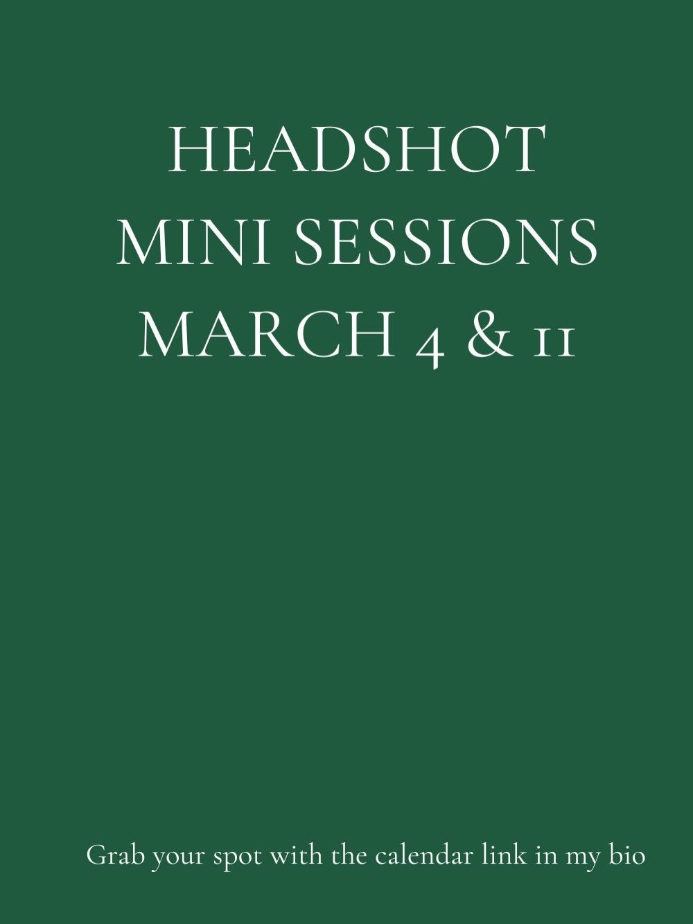 One month until my Headshot Mini Sessions. 

If you&rsquo;re in need of a new headshot for LinkedIn, your company website or for speaking engagements now is a great time to get one. 

Your session will include pretty lighting, guidance on posing and 