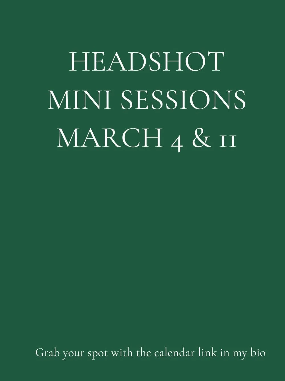 One month until my Headshot Mini Sessions. 

If you&rsquo;re in need of a new headshot for LinkedIn, your company website or for speaking engagements now is a great time to get one. 

Your session will include pretty lighting, guidance on posing and 