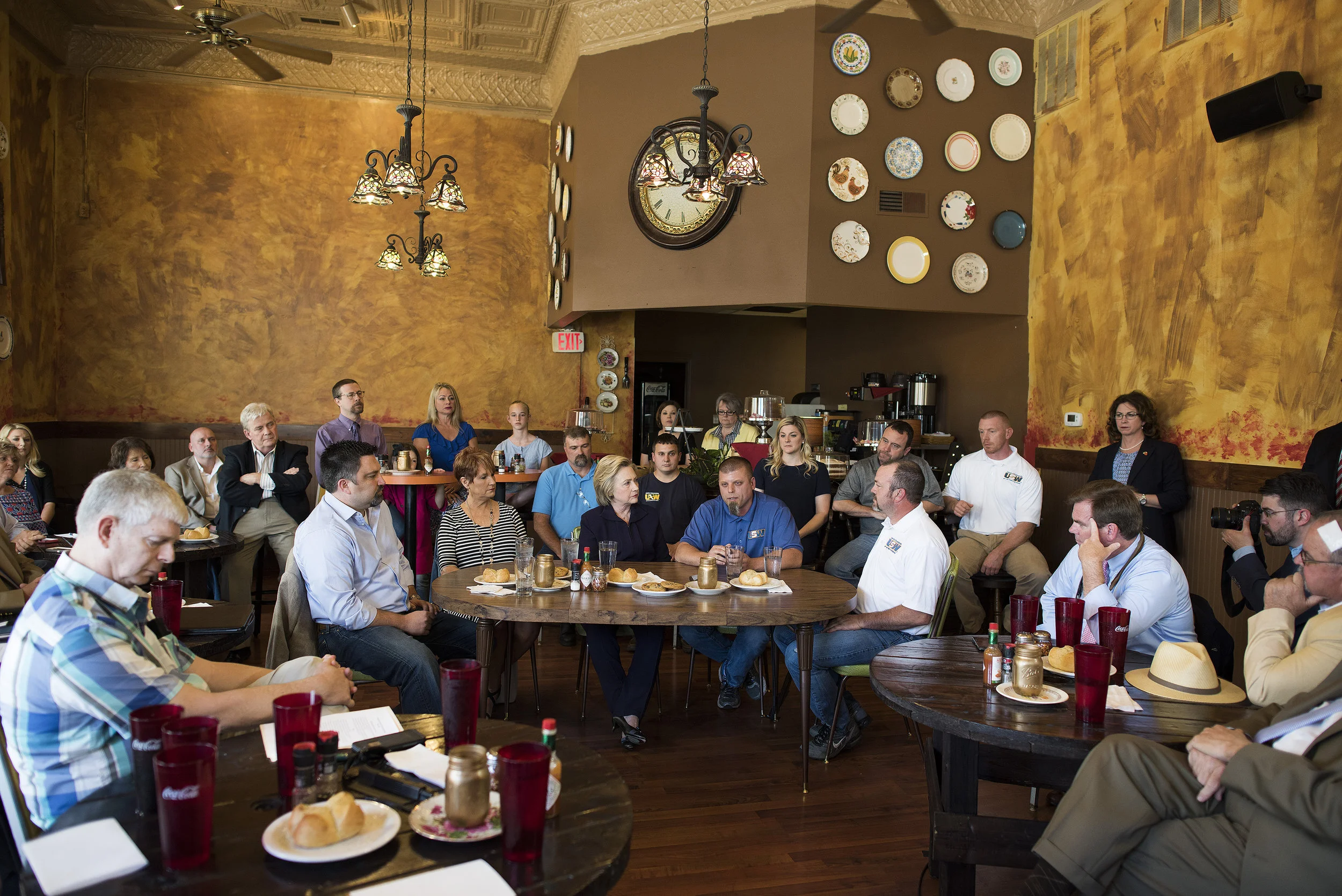 Hillary Clinton listens and speaks to local supporters at Alma's Italian Restaurant in during a campaign stop on May 2, 2016 in Ashland, Kentucky. 