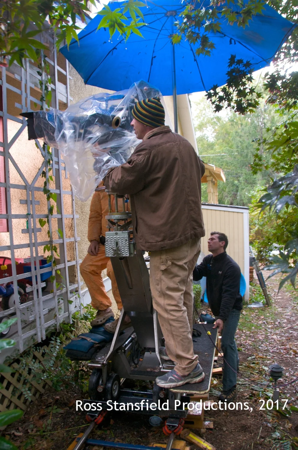 Gary Greig shoots the Red One on dolly with rain cover