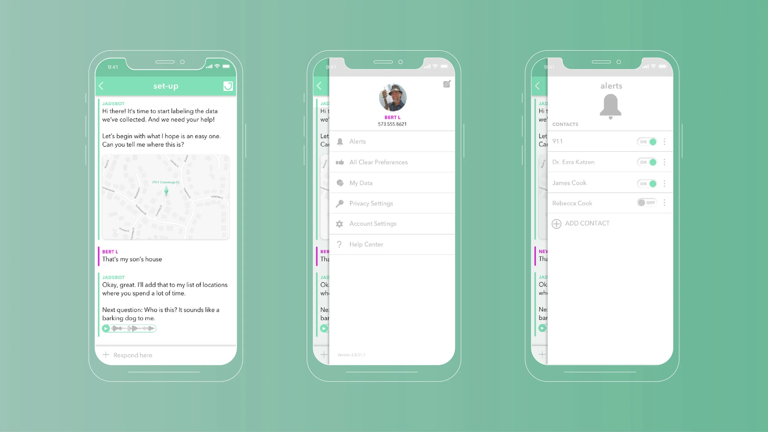 Jade owners will mostly use the companion app to label Jade's model of their routine and manage who gets alerts in an emergency. But they can also use it to view the data that Jade has collected or change the haptic control preferences (if squeezing the pendant is difficult for their hands).
