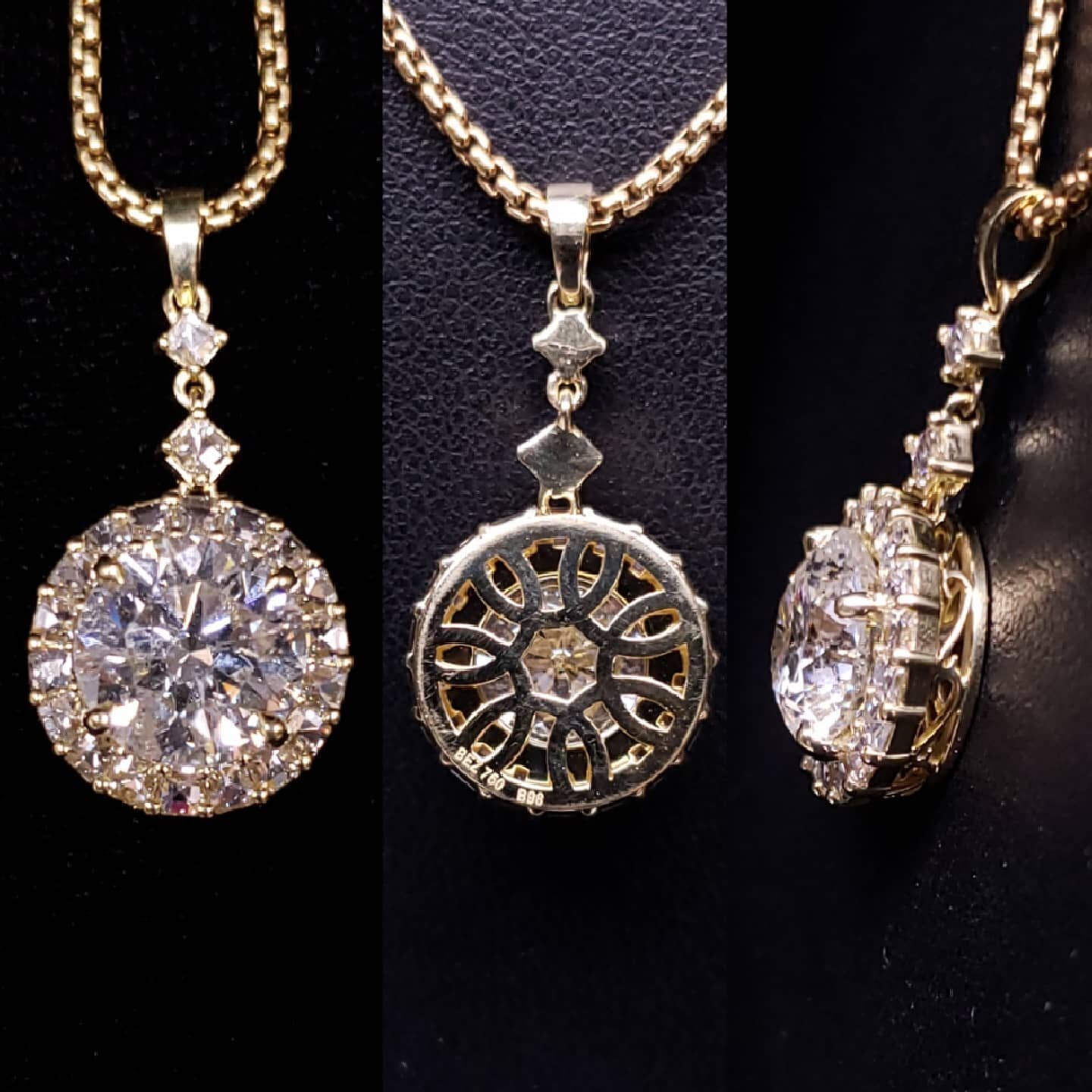 Here is a great design to update your inherited diamond or old engagement ring. Diamond &quot;Blaze &copy;️&quot; halo with beautifully finished frame and  back on a round box chain.

#lynnjewelers #blazecutdiamonds #diamond #diamondpendant #diamondh