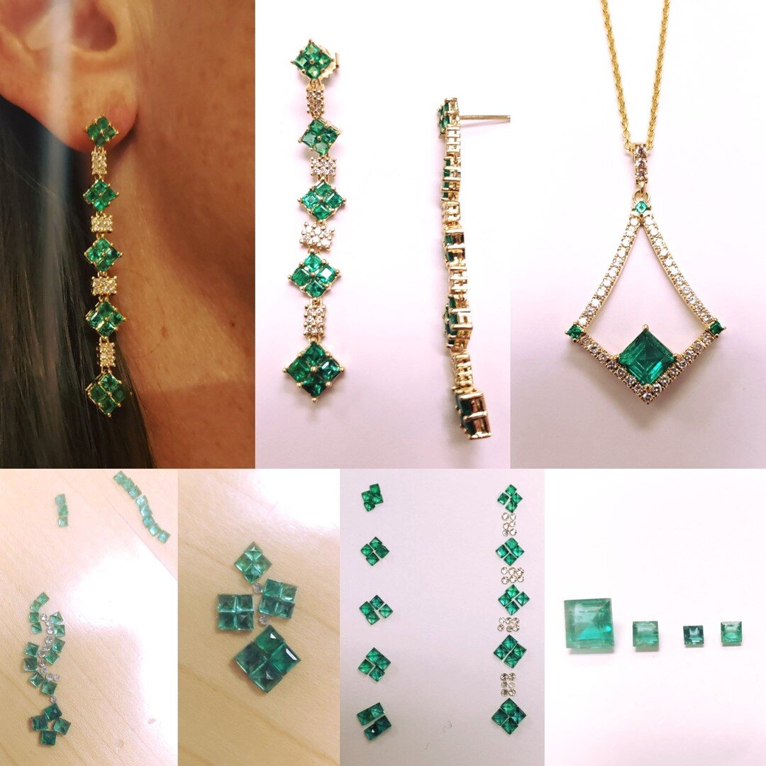 Emerald &amp; Diamond earrings and pendant set. Redesigned these using my clients bracelet that could not be repaired anymore. We worked through a couple design ideas till they settled on these lovely long earring that are 2.25&quot; long and the pen