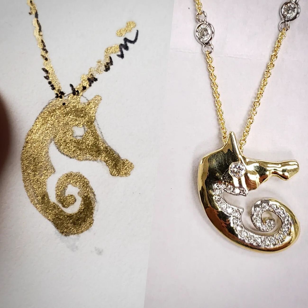 A Philip Ratner original sketch made into an everyday pendant with a diamond &quot;E&quot; pattetn in the belly and diamond in the eye of the seahorse. 

#lynnjewelers #diamond #diamonds #diamondpendant #pendant #necklace #custommade #customdesign #h