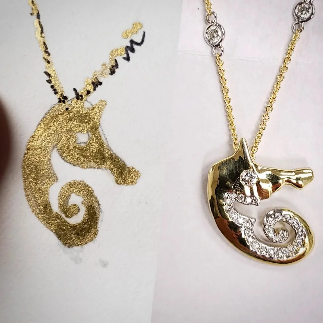 A Philip Ratner original sketch made into an everyday pendant with a diamond "E" pattetn in the belly and diamond in the eye of the seahorse. 

#lynnjewelers #diamond #diamonds #diamondpendant #pendant #necklace #custommade #customdesign #h
