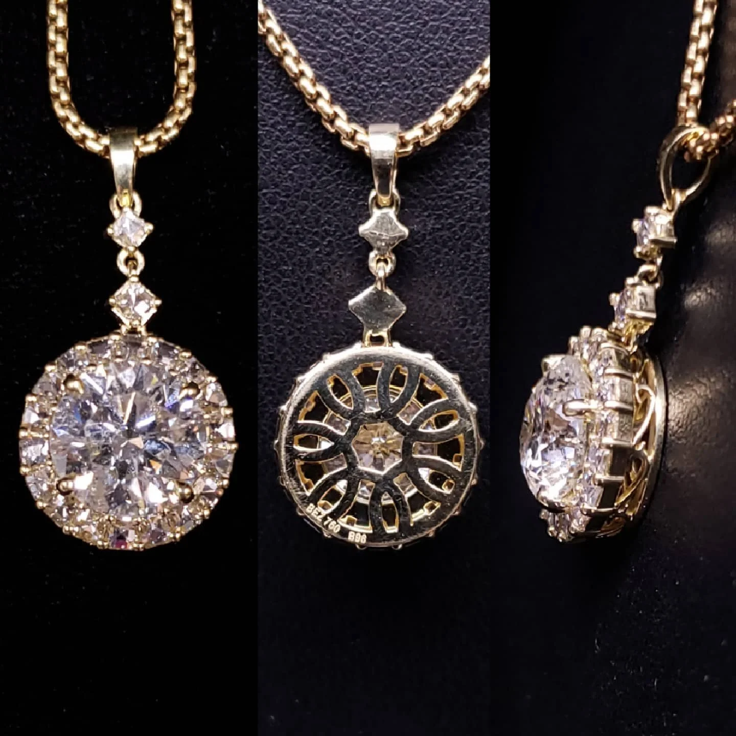 Here is a great design to update your inherited diamond or old engagement ring. Diamond "Blaze &copy;️" halo with beautifully finished frame and  back on a round box chain.

#lynnjewelers #blazecutdiamonds #diamond #diamondpendant #diamondh