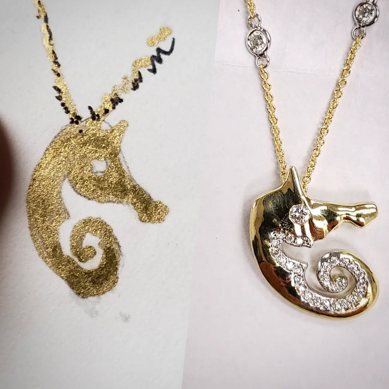 A Philip Ratner original sketch made into an everyday pendant with a diamond "E" pattetn in the belly and diamond in the eye of the seahorse. 

#lynnjewelers #diamond #diamonds #diamondpendant #pendant #necklace #custommade #customdesign #h