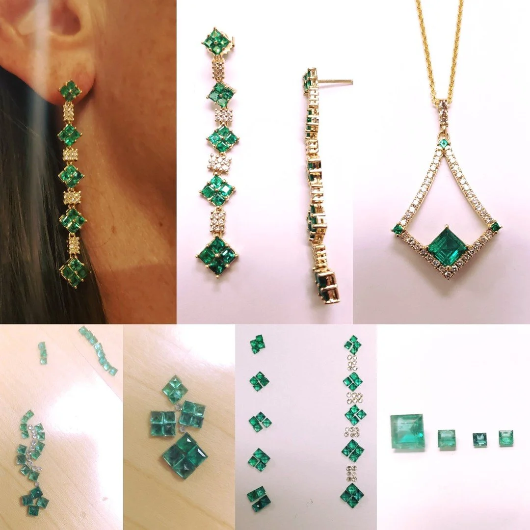Emerald &amp; Diamond earrings and pendant set. Redesigned these using my clients bracelet that could not be repaired anymore. We worked through a couple design ideas till they settled on these lovely long earring that are 2.25" long and the pen