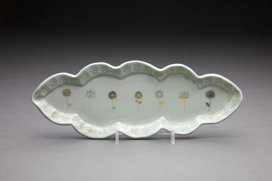 3x9 in. light sage glaze with gold decals