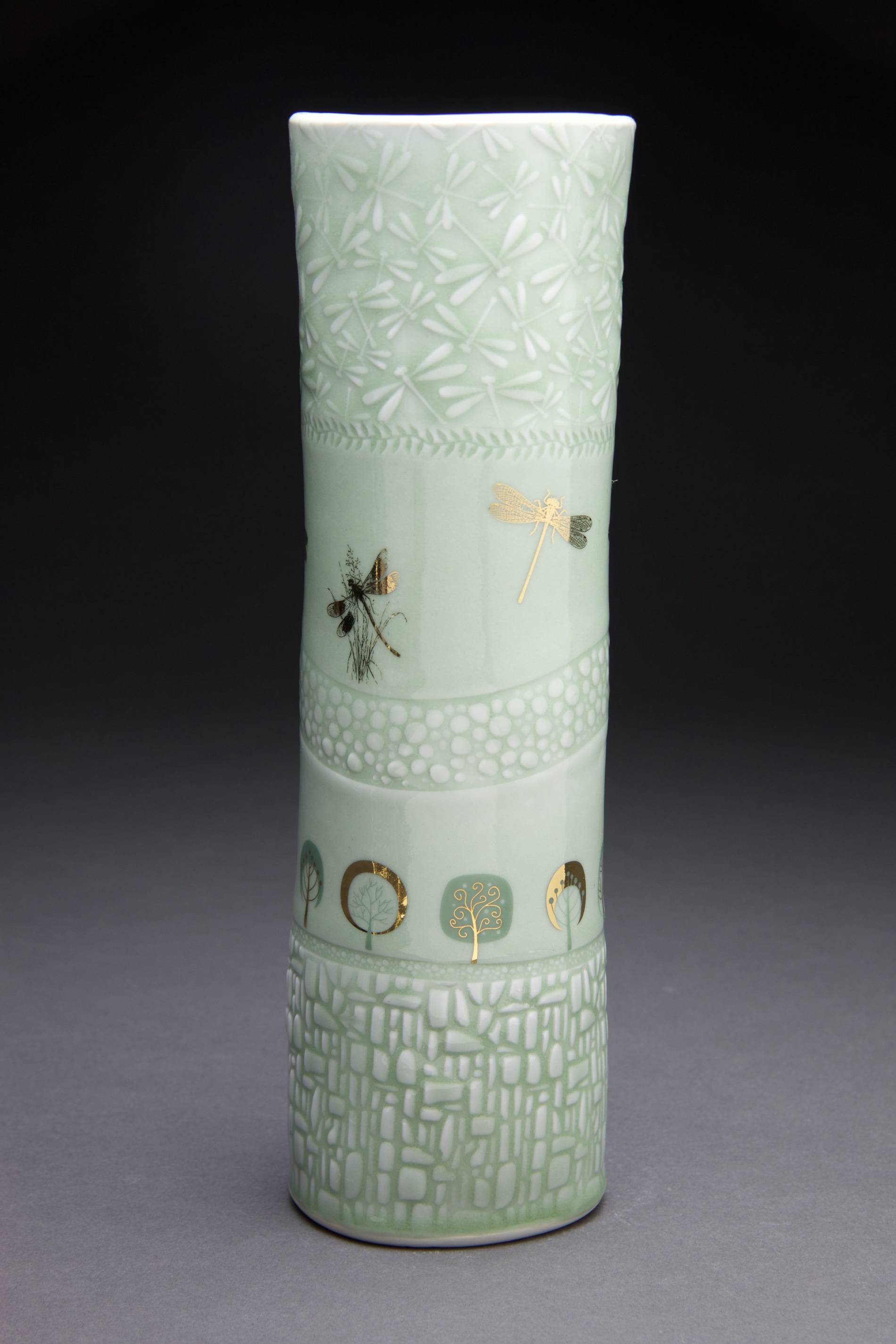 5x5x13 in vase. Light sage glaze with gold decals
