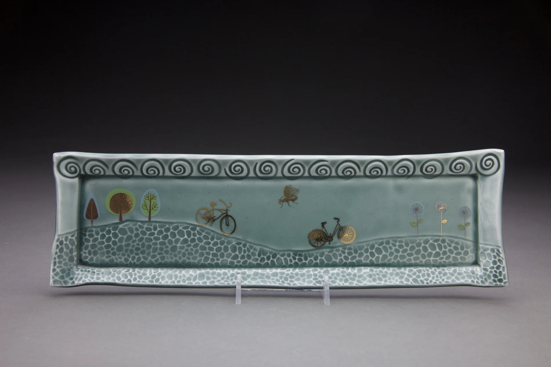4x14in with Steel Blue glaze & gold decals