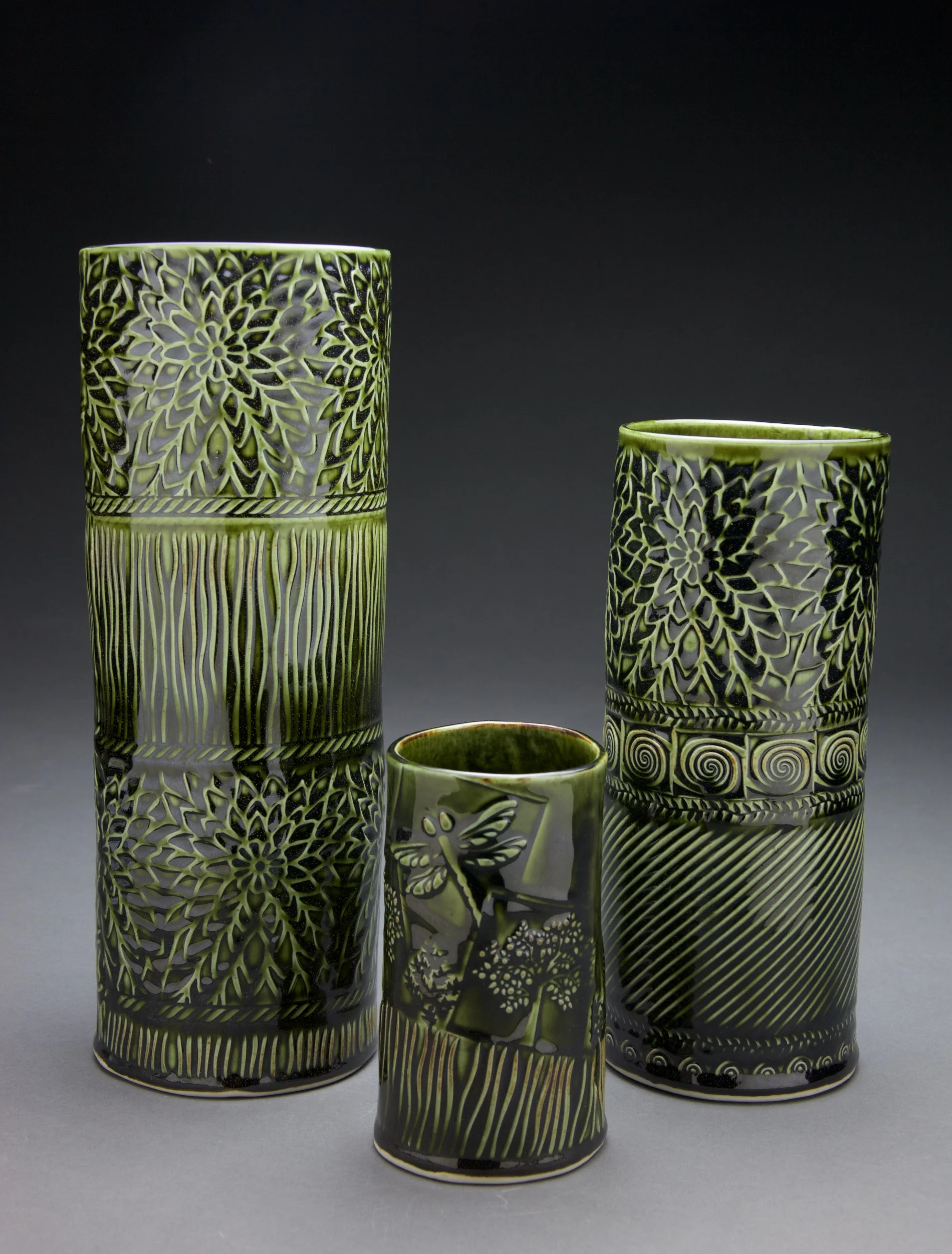 5x5x12 in. 3x3x6 in. 5x5x9 in. vases Forest Green celadon