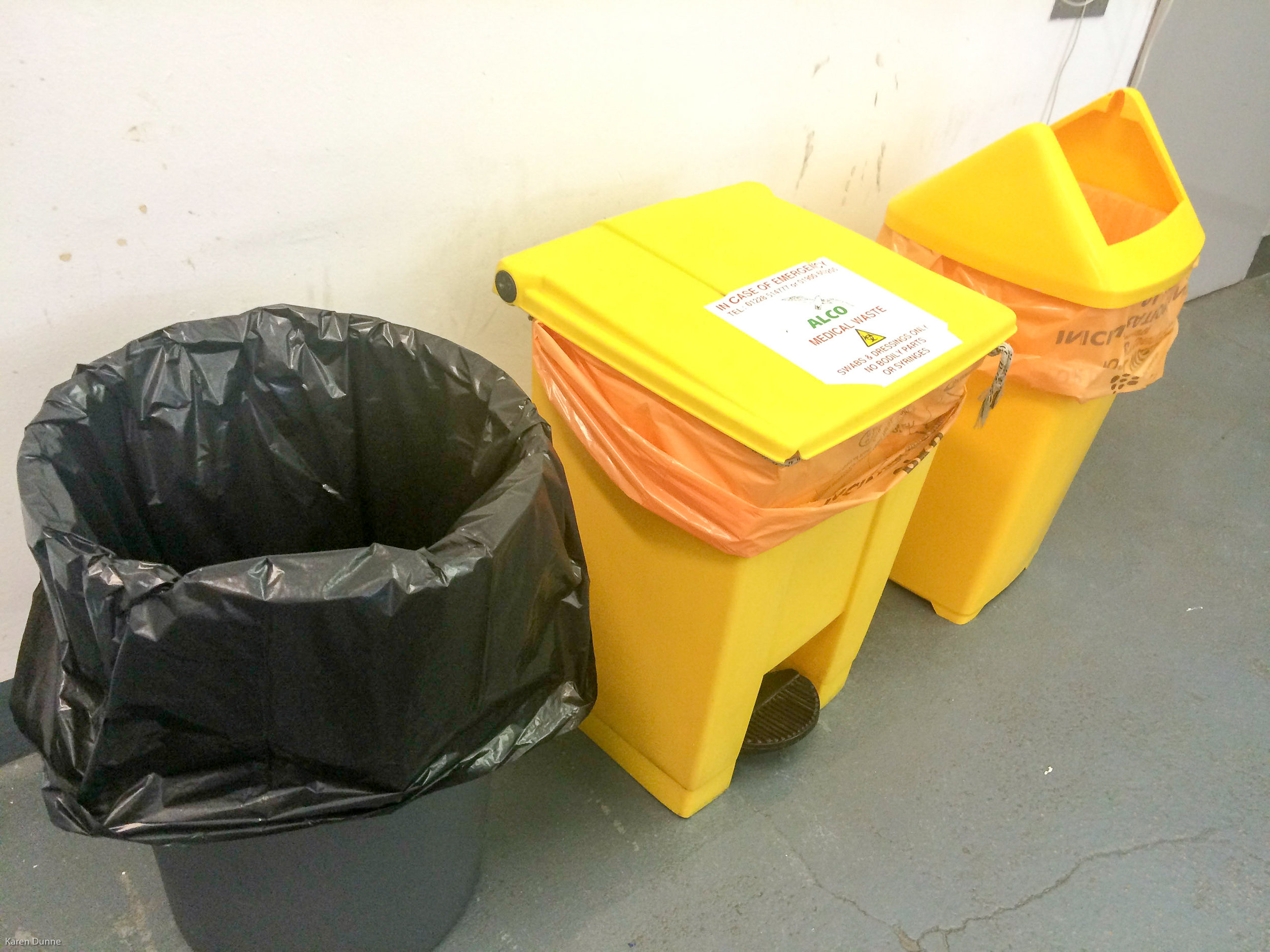 Selection of waste bins: refuse, covered & open clinical waste