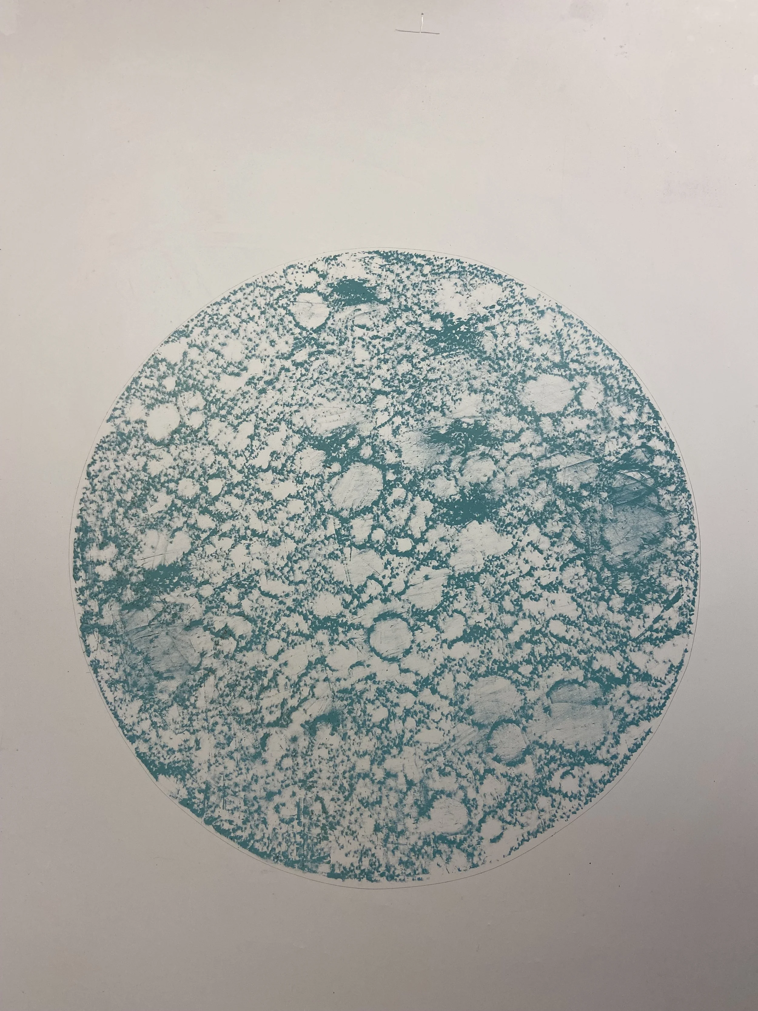   Aluminum photo lithography plate. A rubbing was done from a 1" steel plate that had been shot with numerous bullets, creating the craters in the print.  