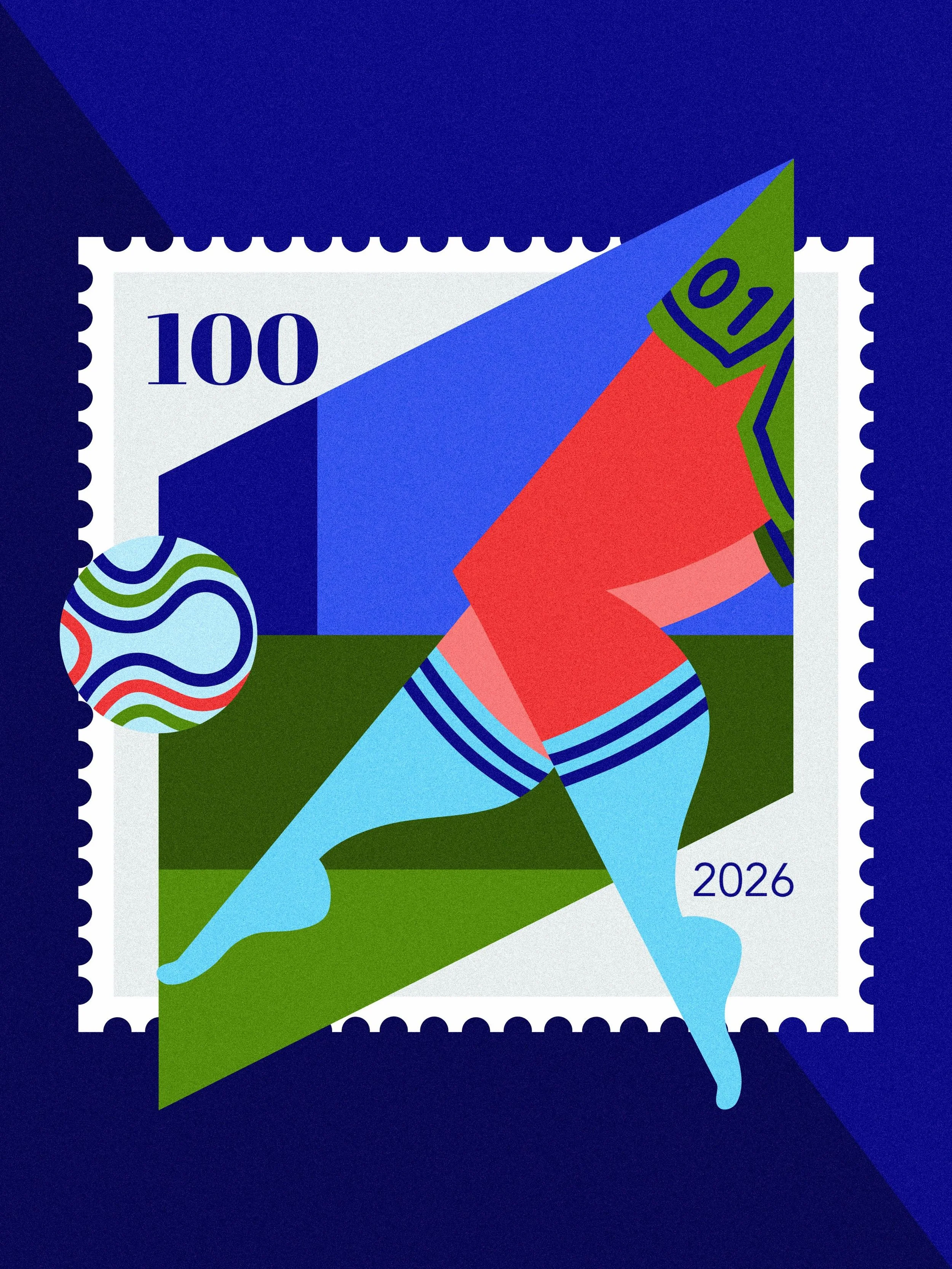 When the whole world tunes in, I reach for my colour palette ⚽✨ 🥅
A stamp series for the 2026 football World Cup, travelling across M&eacute;xico, USA and Canada. 
Same player, four very different moods. 🇲🇽🇺🇸🇨🇦🏆
Blue, green, pink or noir, pic