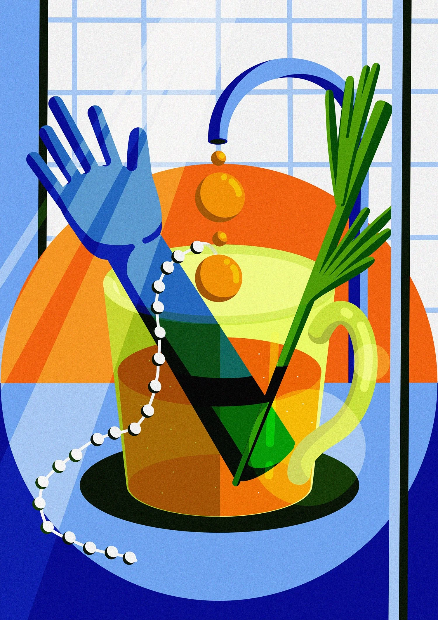 A stylized digital illustration of a kitchen scene with a blue faucet, a bowl of food with yellow and orange elements, green vegetables, and a string of white beads, all depicted with bold colors and geometric shapes.