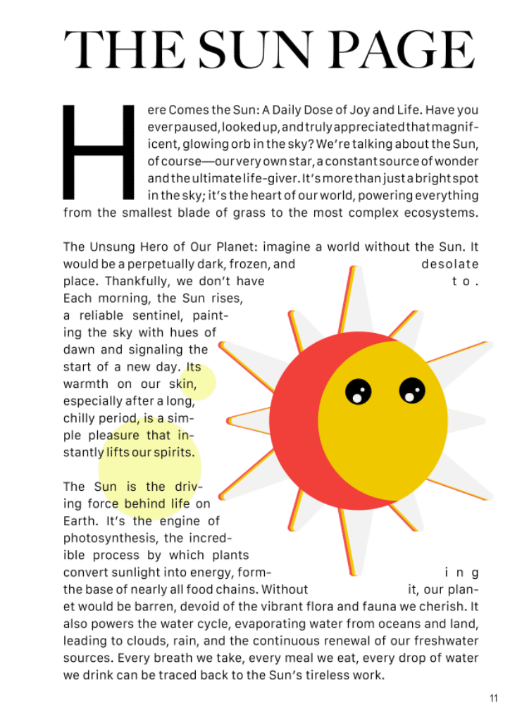 Page from a publication titled 'THE SUN PAGE' featuring illustrated smiling sun with a face, rays, and explanatory text about the sun's importance for life on Earth.