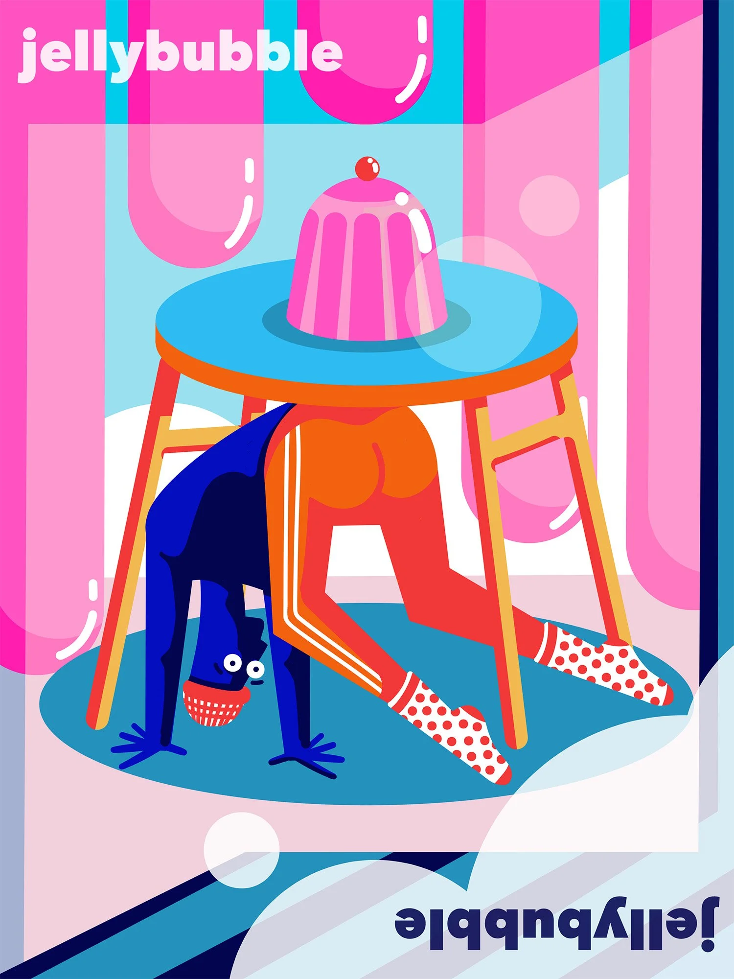 Bright and colorful illustration of a blue bird with red and white polka-dotted socks, standing on a blue circular rug beneath a pink carnival-style table with a pink jelly-like dessert on top, in a cheerful setting with pink and blue striped backgro