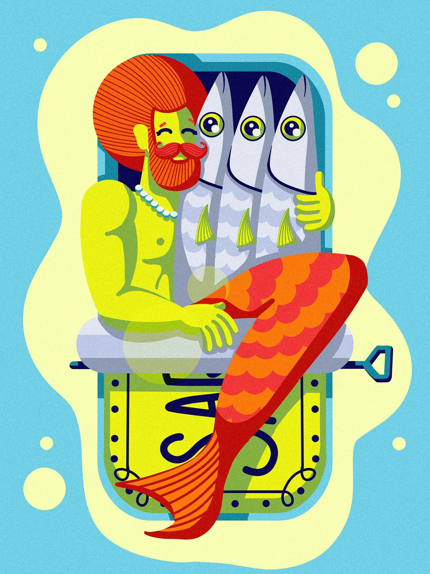 Colorful digital illustration of a happy man with red hair, beard, and mustache, hugging three sardines in an opened sardines can. The background is light blue with yellow circles.