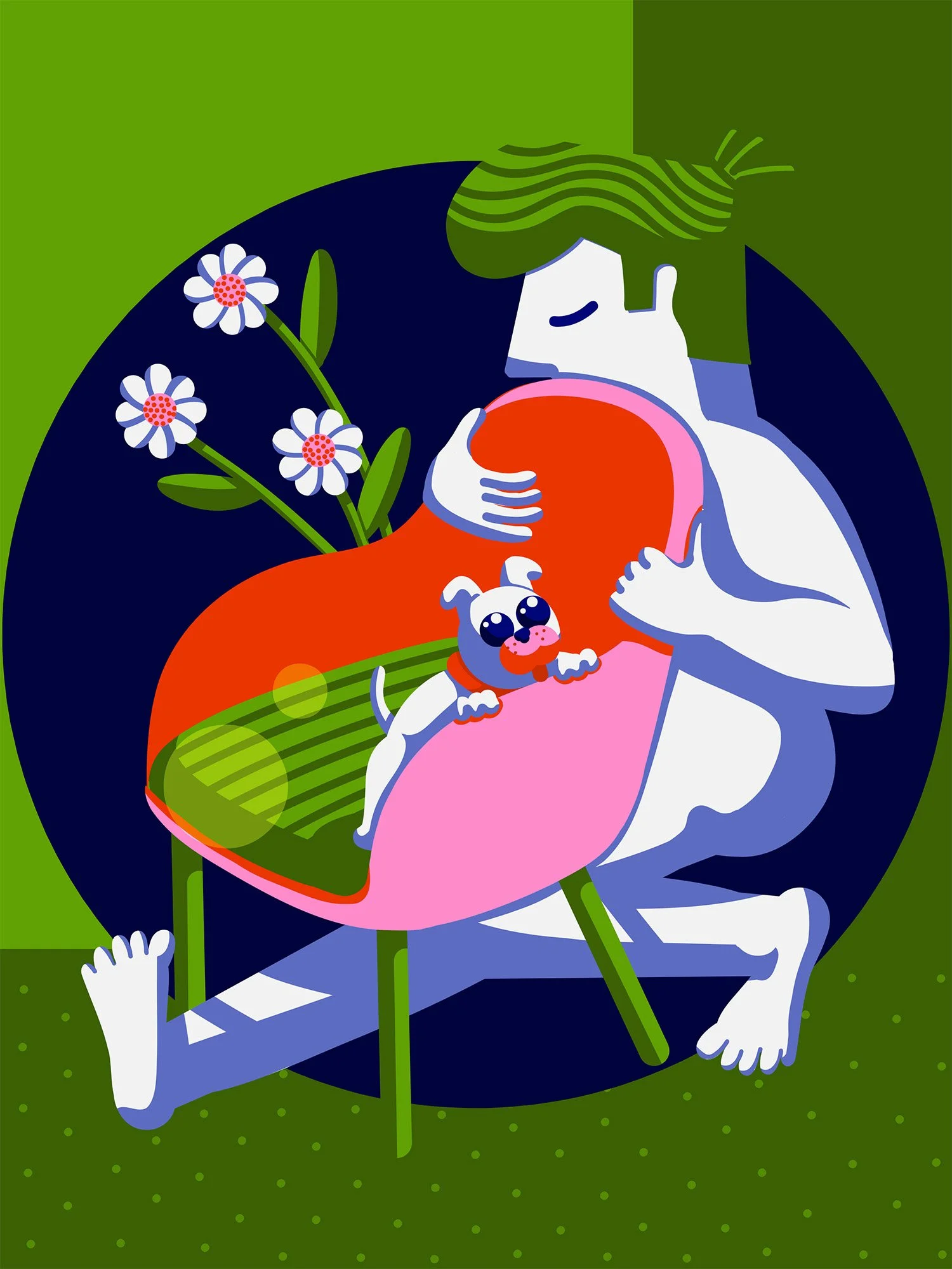 A stylized illustration of a person with green hair hugging a large orange object, with a small cartoon puppy on their lap, surrounded by daisies and a green background.