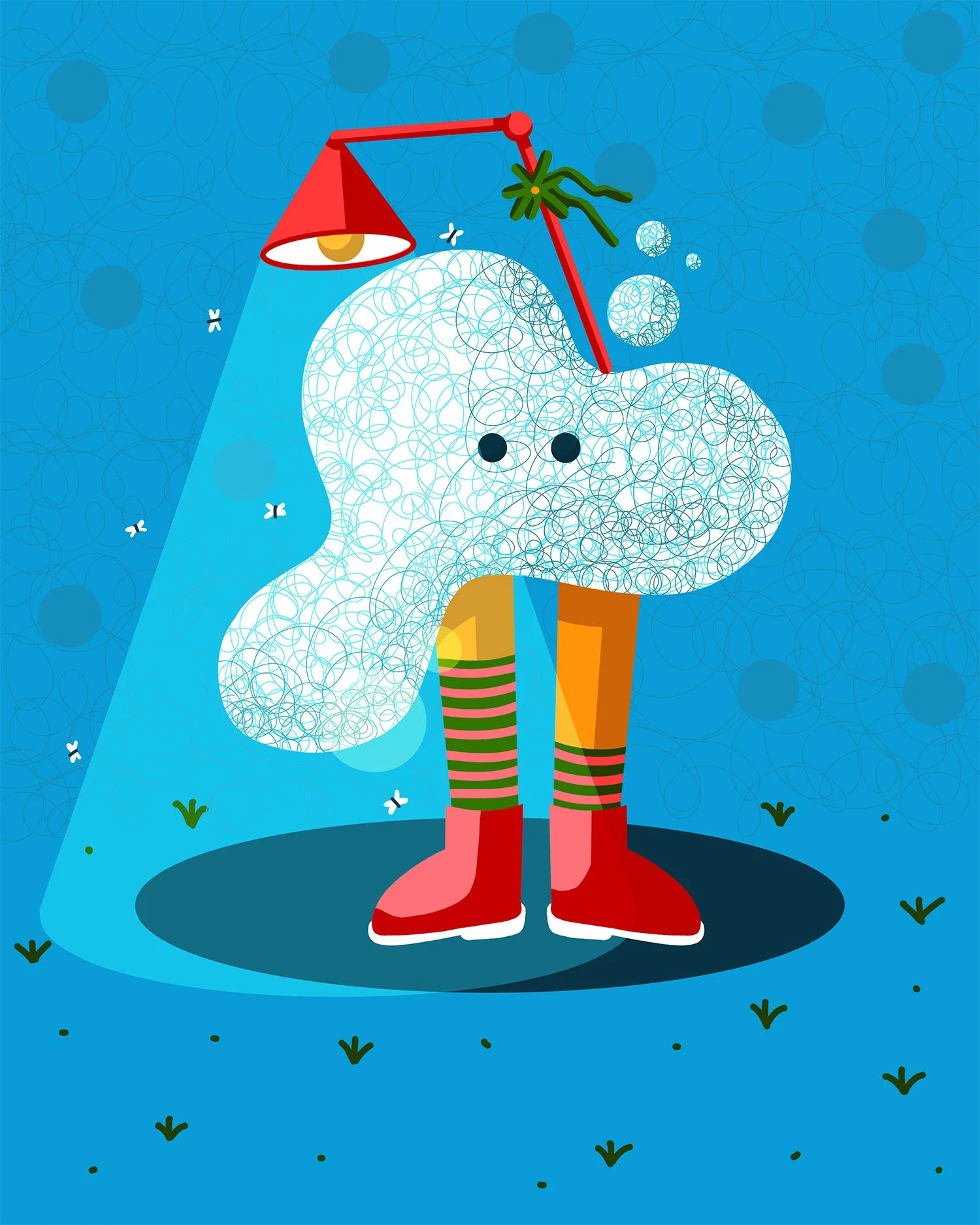A stylized illustration of a figure with a fuzzy white face, black eyes, wearing a bright red outfit, standing on a patch of grass, illuminated by a red desk lamp with a green plant-shaped accent. The background is a blue gradient with abstract circl