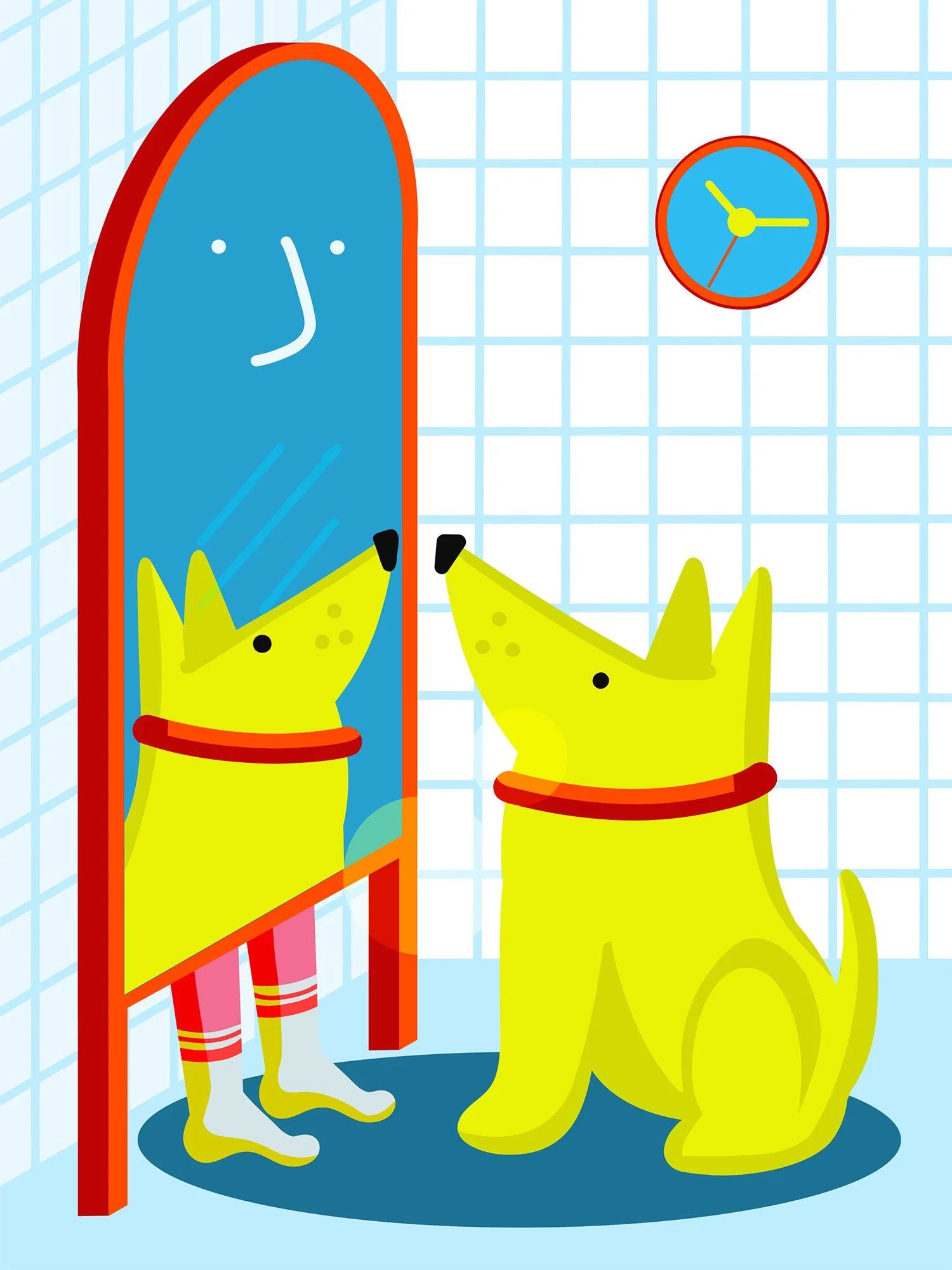 A yellow dog with black nose and red collar looking at its reflection in a mirror, in a tiled room with a clock on the wall showing approximately 2:15.
