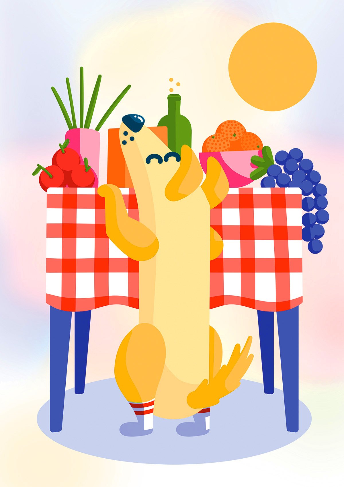 A cartoon dog standing on its hind legs, smiling, with a yellow fur coat and pink cheeks, in front of a red and white checkered tablecloth with plates of fruit and a green bottle on top.
