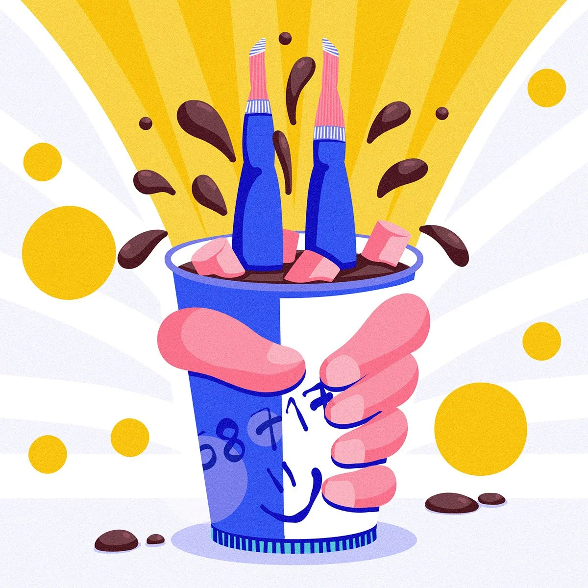A cartoon illustration of a hand holding an ice cream cup filled with chocolate pieces and two peeling bananas, with chocolate drops and yellow circles in the background.